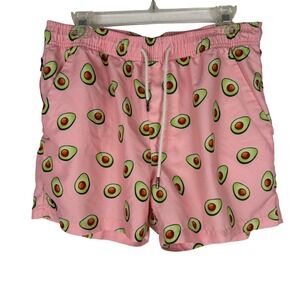 OAS Swim Suit Mens L Avocado Print Swim Trunks Mesh Lined Pink Drawstring 15"